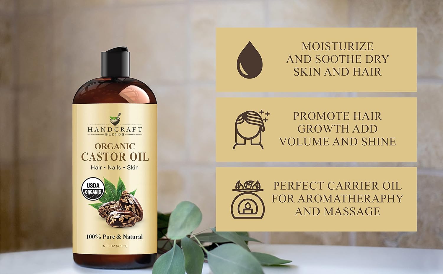 Organic Castor Oil - 473 ml - 100% Pure and Natural - Premium Grade Oil for Hair Growth, Eyelashes and Eyebrows - Carrier Oil - Hair and Body Oi