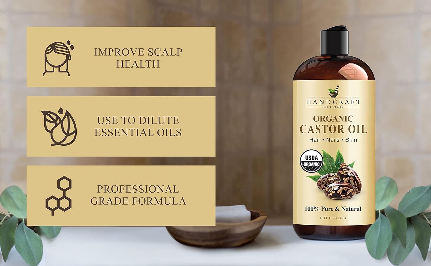 Organic Castor Oil - 473 ml - 100% Pure and Natural - Premium Grade Oil for Hair Growth, Eyelashes and Eyebrows - Carrier Oil - Hair and Body Oi