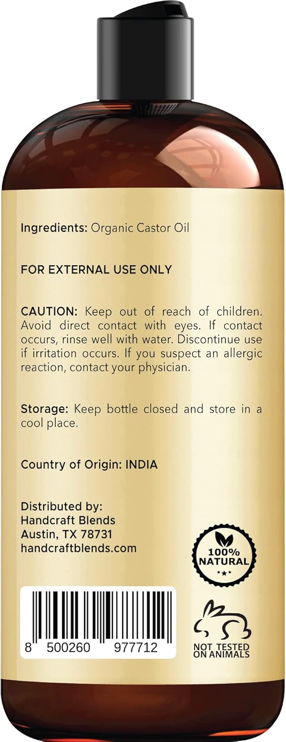 Organic Castor Oil - 473 ml - 100% Pure and Natural - Premium Grade Oil for Hair Growth, Eyelashes and Eyebrows - Carrier Oil - Hair and Body Oi