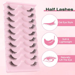 False Eyelashes with Clear Band Half Lashes Natural Look 10 Pairs Cat Eye Wispy Corner Lashes Reusable 3/4 Transparent Fake Lashes