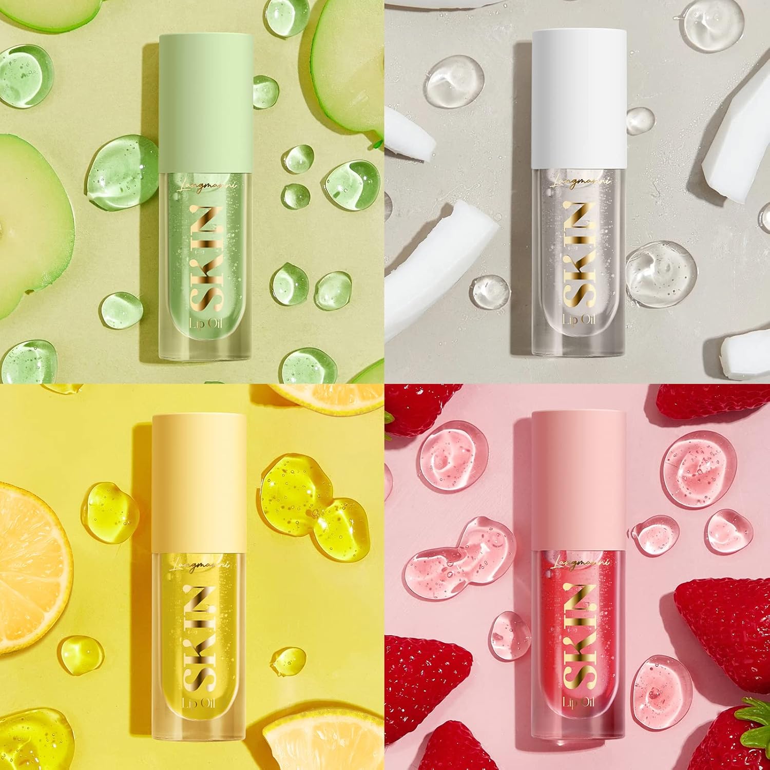 4 kinds of fruit flavored lip oil Plumping Hydrating Lip Glow Oil Fruit Extract Lip Gloss Lip Balm and Tinting for Dry Lips，No-Sticky Long-lasting moisturizing Lip Gloss (A)