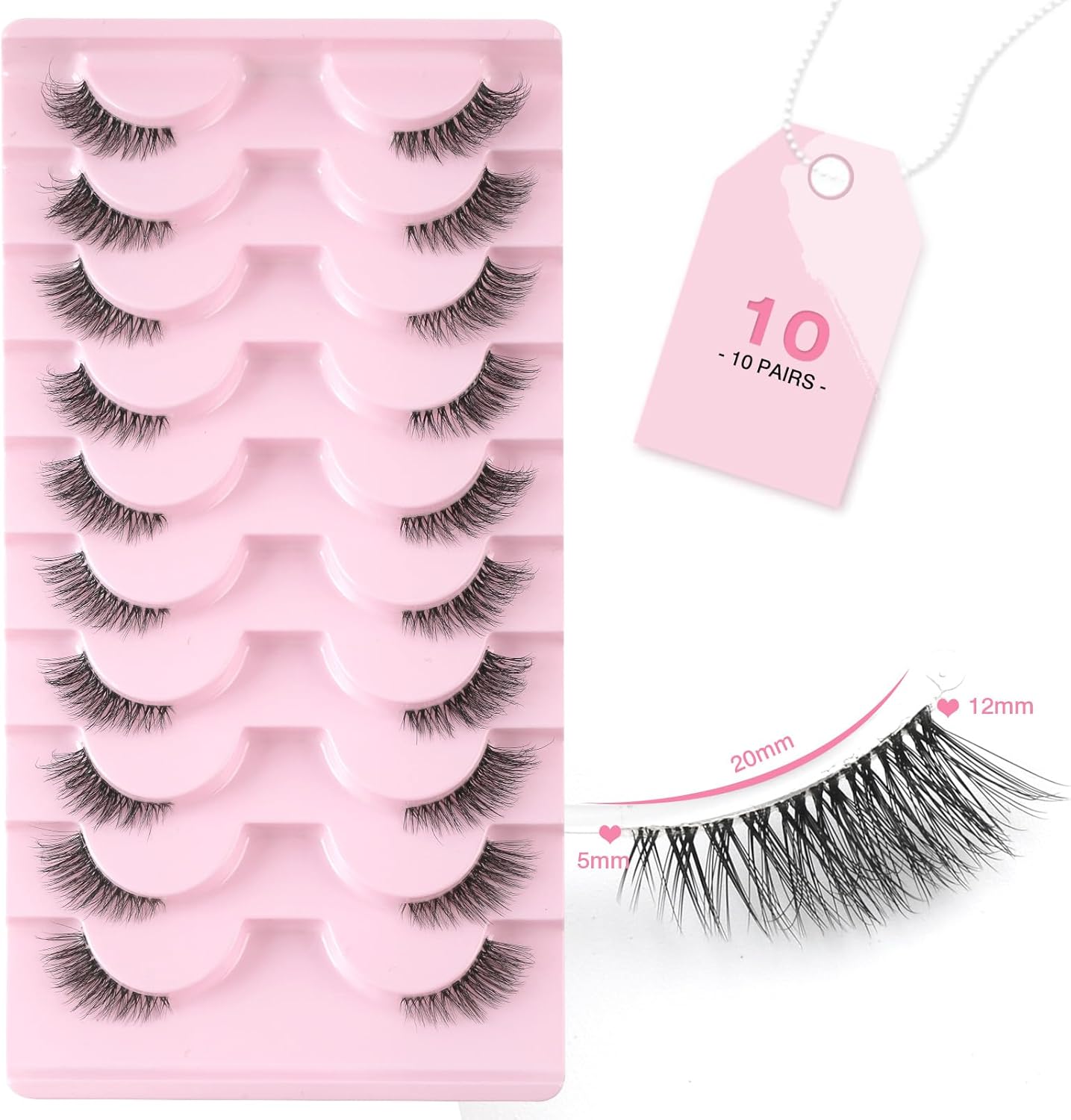 False Eyelashes with Clear Band Half Lashes Natural Look 10 Pairs Cat Eye Wispy Corner Lashes Reusable 3/4 Transparent Fake Lashes