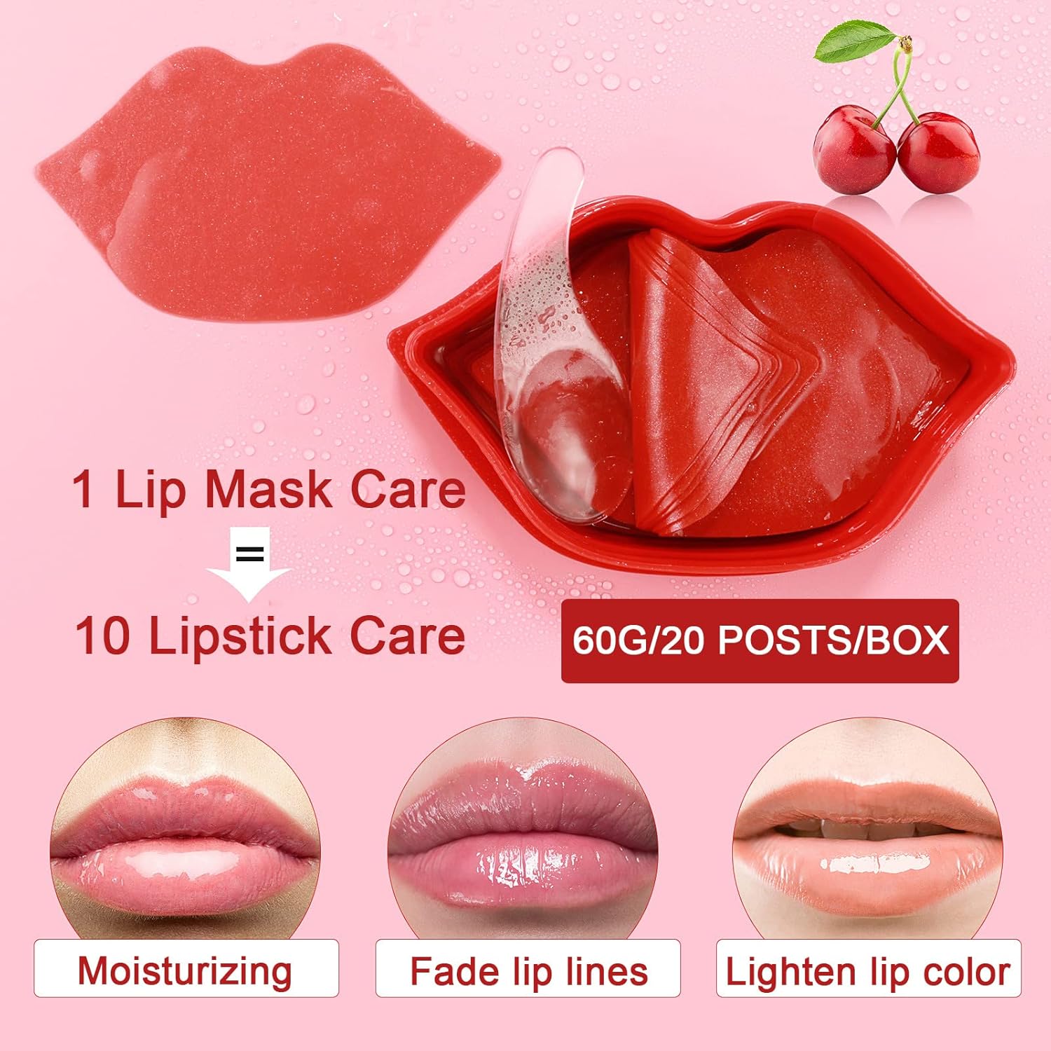 20Pcs Cherry Lip Masks in Case,Nourishing Lip Balm,Lip Plumping Serum for Dry Lips,Collagen Lip Sleep Masks Anti-Wrinkle Anti-Aging Hydrating Lip Care Pad Plump Your Lips Enhancement Skin Care