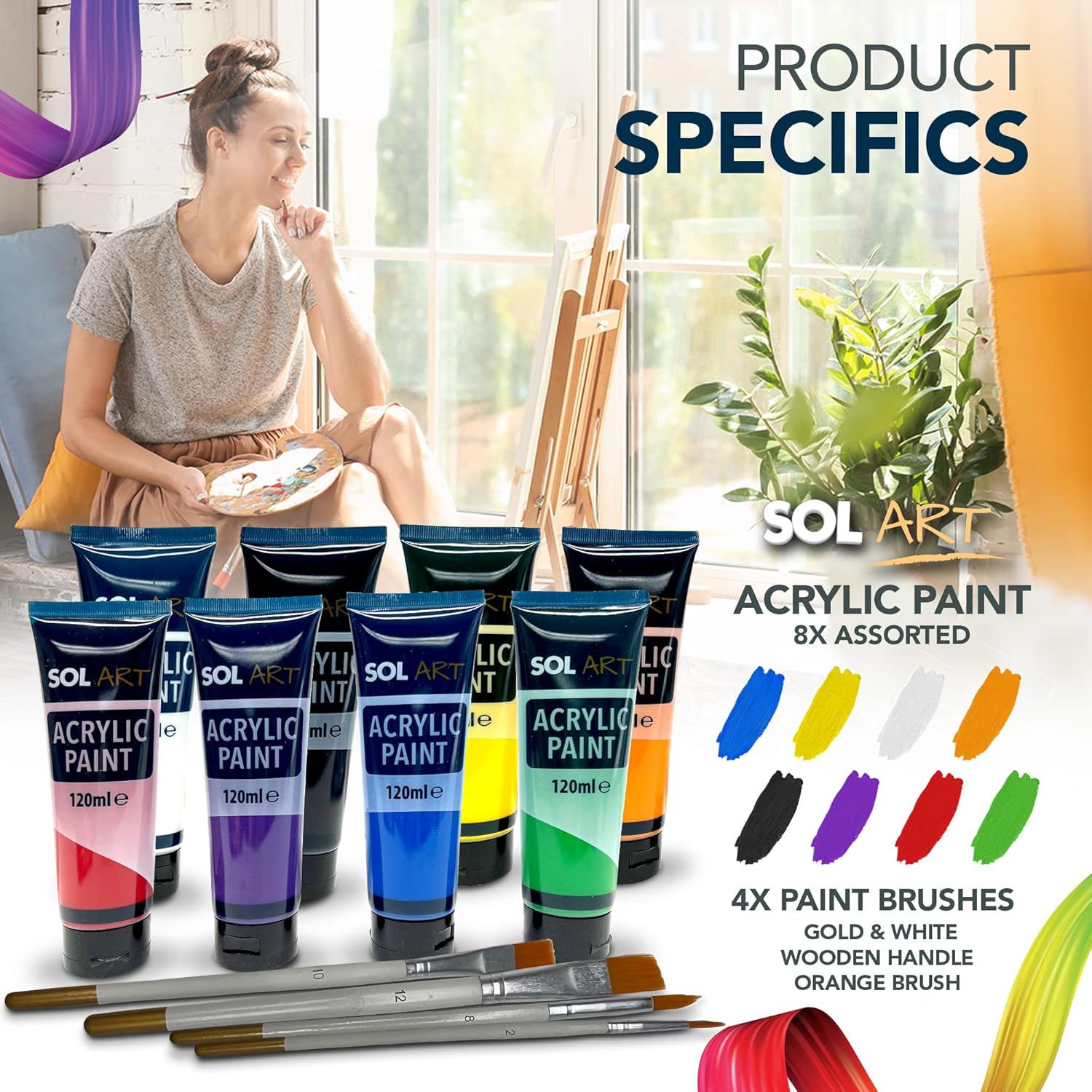 12pk Acrylic Paint Set | 8x 120ml Acrylic Paints Set + 4 Brushes | Acrylic Paints for Artists Art, Craft, Ceramic, Canvas Paint