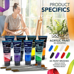 12pk Acrylic Paint Set | 8x 120ml Acrylic Paints Set + 4 Brushes | Acrylic Paints for Artists Art, Craft, Ceramic, Canvas Paint